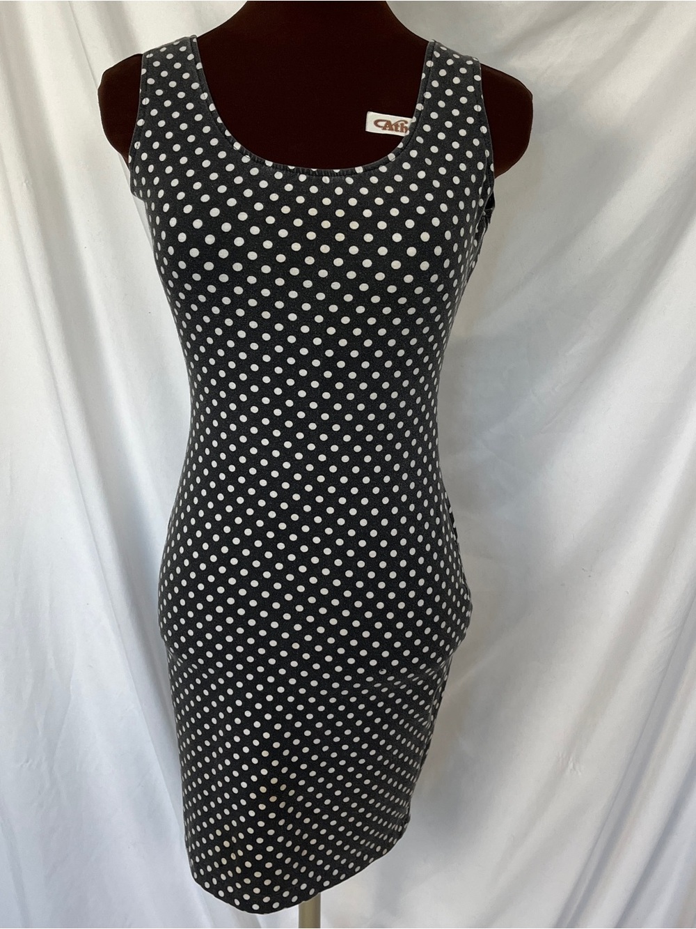 Vintage 1980s Tripp NYC Black & White Polka Dot Bodycon Knit Dress